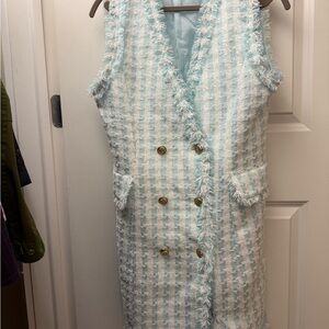 Elegant Blue and White Tweed Mini Dress